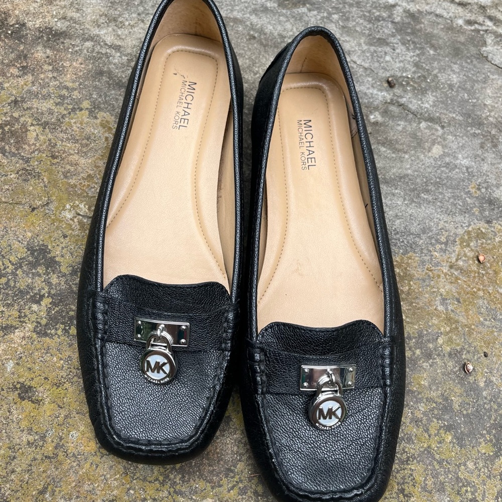 Michael Kors Black Leather Flats with Silver Accents